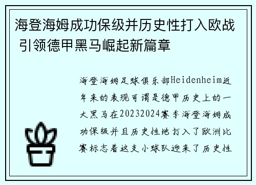 海登海姆成功保级并历史性打入欧战 引领德甲黑马崛起新篇章