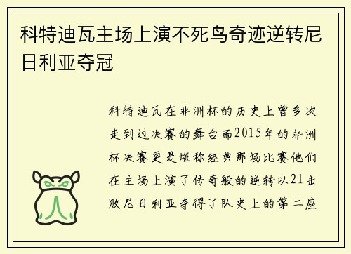 科特迪瓦主场上演不死鸟奇迹逆转尼日利亚夺冠